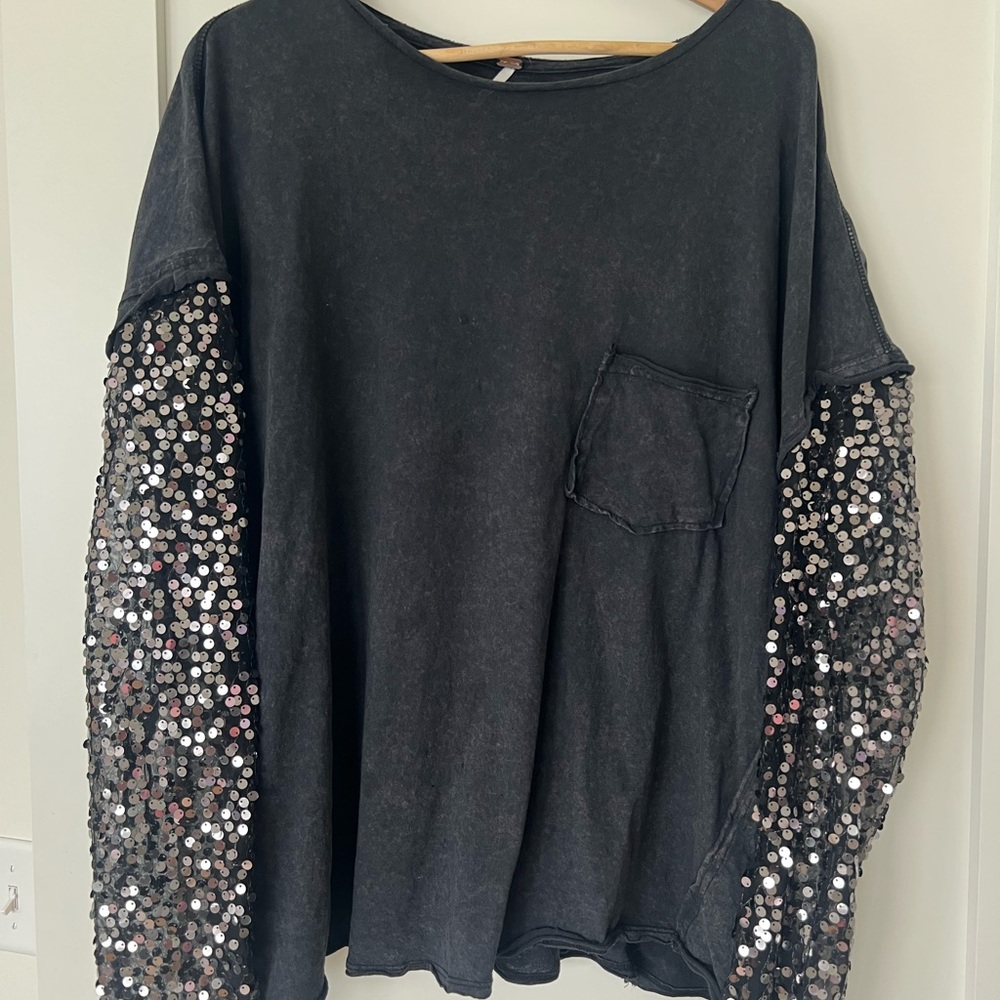 Free People Black Oversized Sequin T-shirt